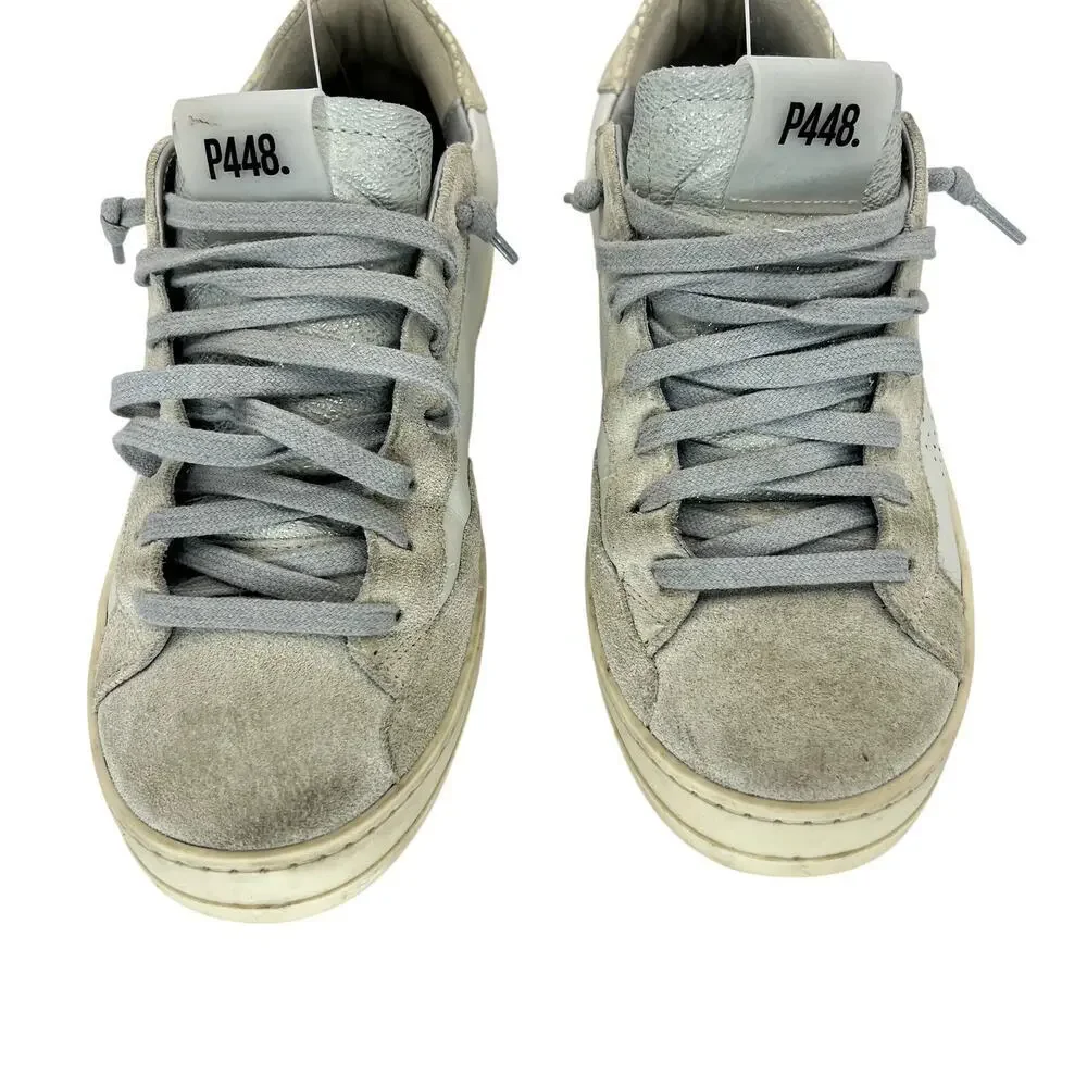 P448 John Sneaker White Leather Perforated Logo Gray Suede Lace Up 38